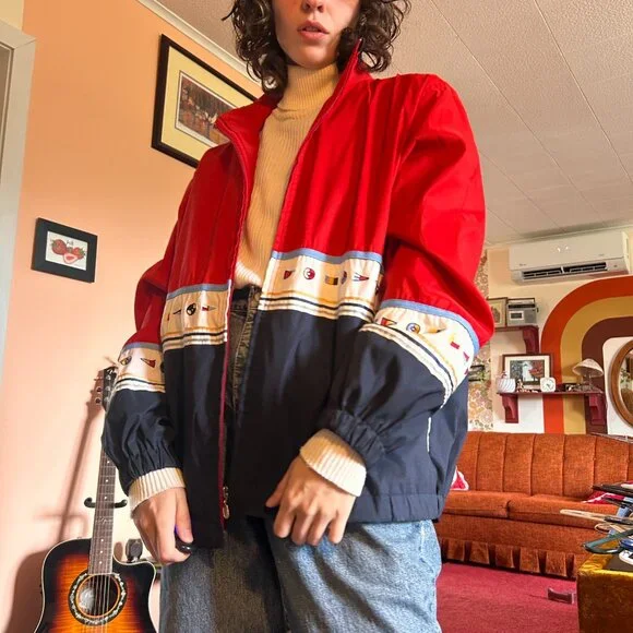 1990s retro color blocked embroidered drop sleeve windbreaker with boat flags - - Picture 4 of 13